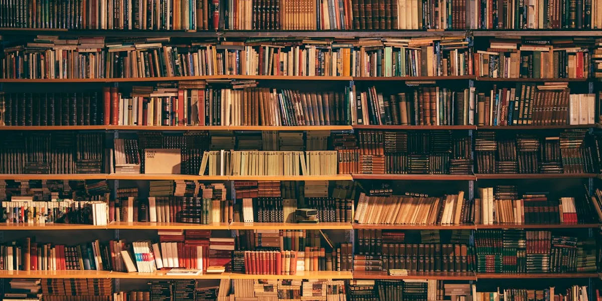 Library shelves filled with books in warm brown tones