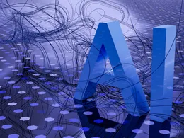 3D 'AI' text on an abstract blue surface with neural network patterns