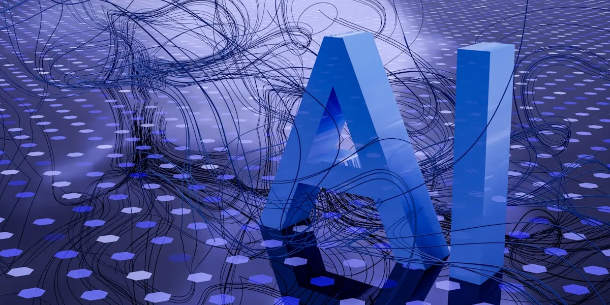 3D 'AI' text on an abstract blue surface with neural network patterns